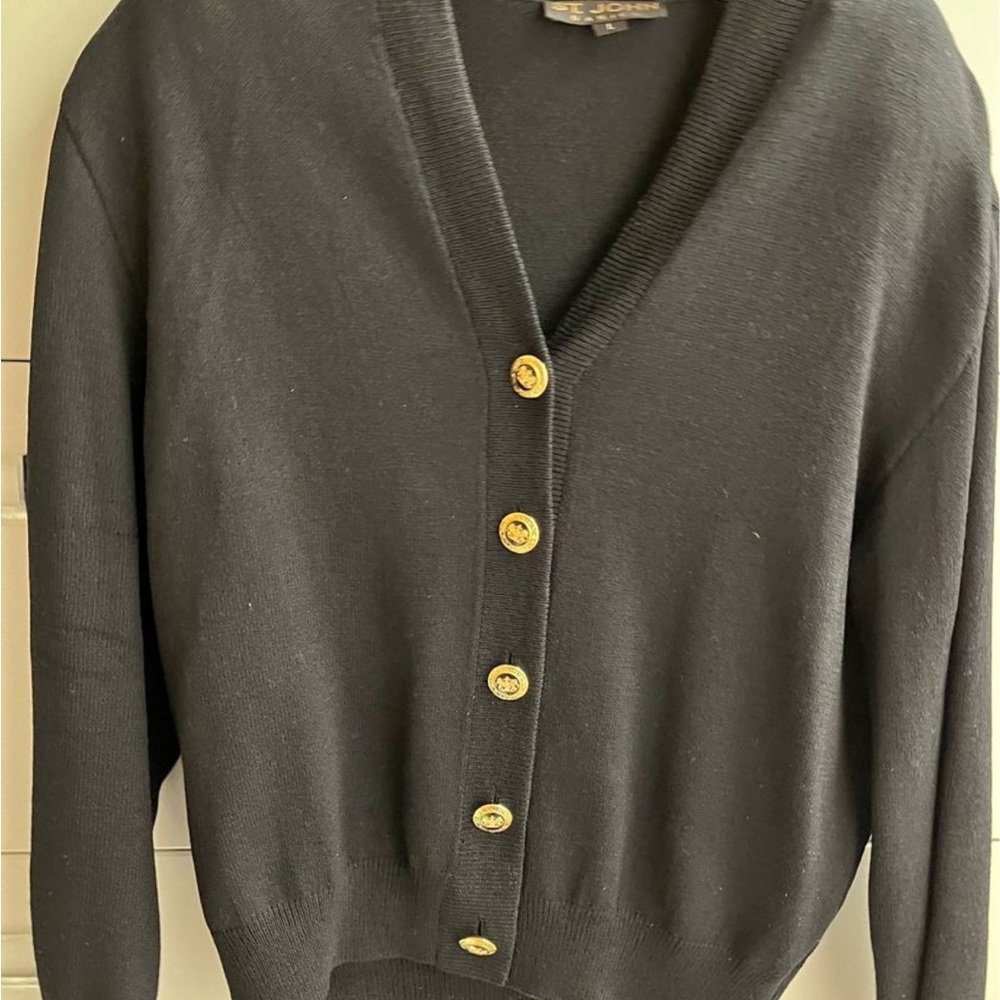 St. John basics black cardigan sweater with black and gold buttons